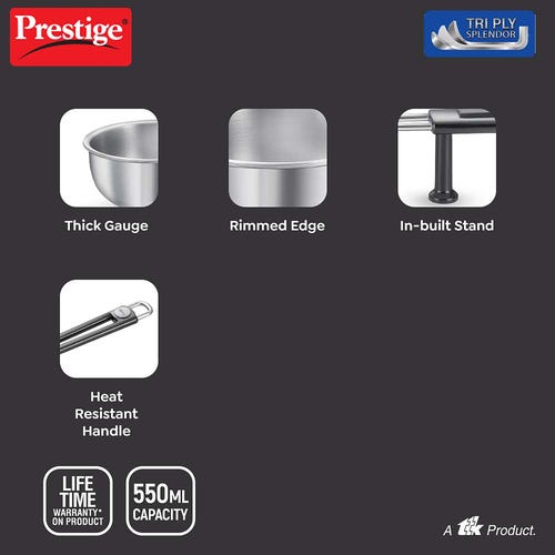 Prestige Tri Ply Splendor Tadka Pan 13 Cm 550Ml Stainless Steel Cookware