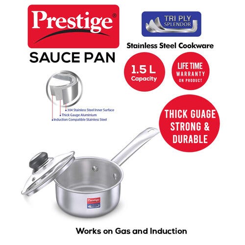 Prestige 16cm/1.5L Tri-Ply Stainless Steel Splendor Sauce Pan with Glass Lid|Gas and Induction Compatible| Even Heat Distribution|Strong and Durable| Perma-Cool Handles| Lifetime Warranty