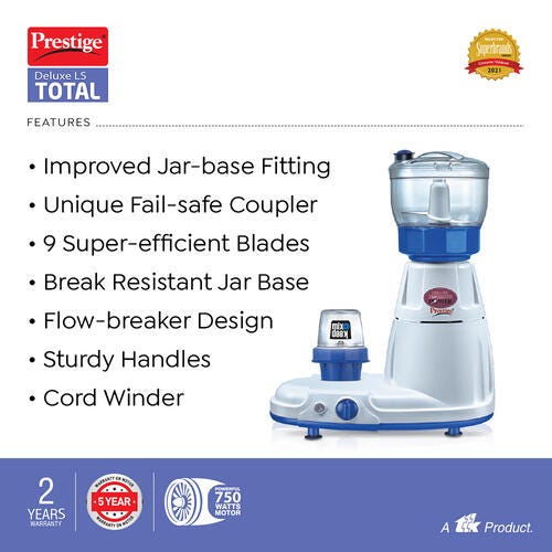 Prestige Delux LS 750 W Mixer Grinder, 5 Jars (1500 ml, 1500 ml, 300 ml) (Blue)