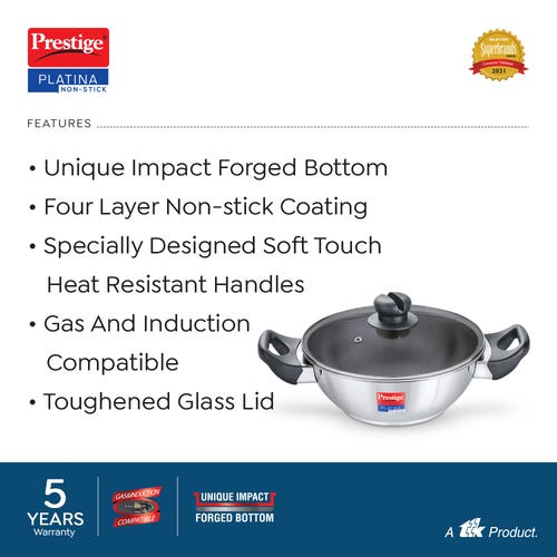 Prestige Platina Non-stick Stainless Steel Unique Impact Forged Bottom Kadai with Glass Lid (Silver)