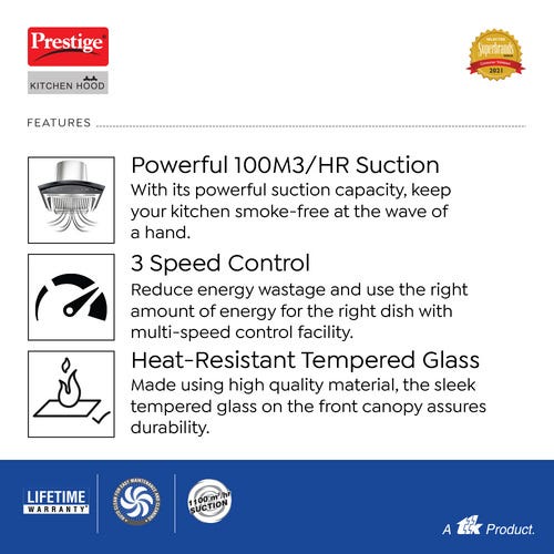 Prestige Oscar 600 KitchenHood - Baffle Filter - Powerful Suction - 1000m3/hr