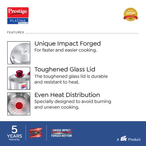 Prestige Platina Popular Stainless Steel Unique Impact Forged Bottom Sauce Pan with Glass Lid (Silver)