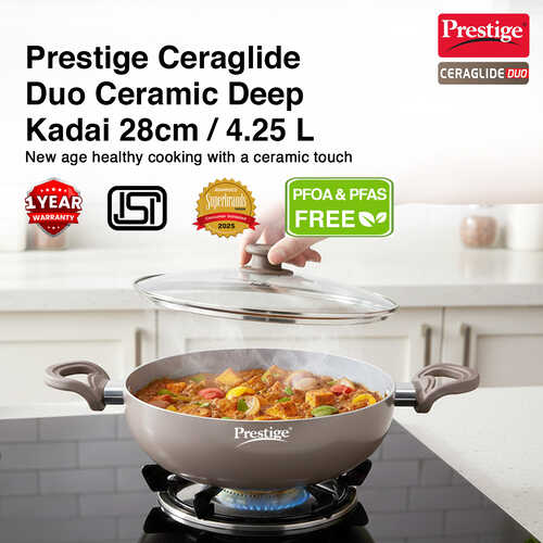 Prestige Ceraglide Duo Ceramic Coating Non Stick Aluminium Cookware Deep Kadai Dia 28 cm (4.25 Litre) with Glass Lid