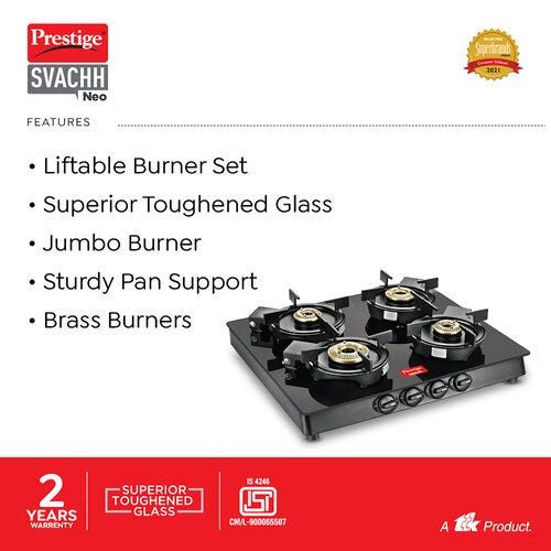 Prestige Svachh Neo Toughened Glasstop Gas Stove with Liftable 4 Burners (Black) - GTSN 04 SQ
