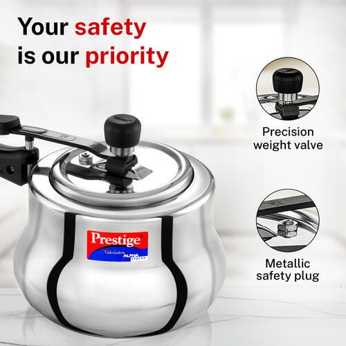 Prestige 3.5 Litre Stainless Steel Nakshatra Alpha Svachh Inner Lid Pressure Cooker | Handi | Deep Lid for Spillage Control | TRIPLY Base | Safety Plug | Gas & Induction Compatible | 5Y Warranty | ISI