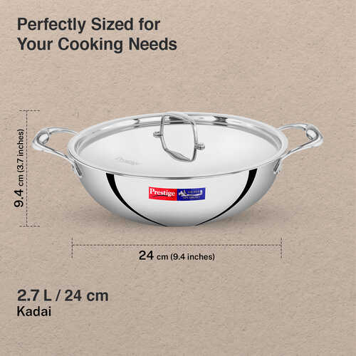 Prestige 24cm/2.7L Tri-Ply Stainless Steel Splendid Kadai with Lid|Gas and Induction Compatible|Even Heat Distribution| Thick Gauge Tri-Ply Body| Perma Cool Handles|15 Year Warranty