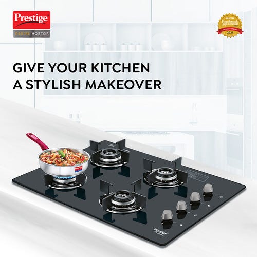 Prestige Desire Hobtop L P Gas Table ( PHTD 04 AI Black With Glass Top, 4 Burners & Auto Ignition)