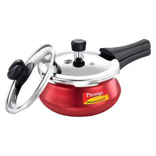Prestige Deluxe Duo Plus Aluminium Gas and Induction Compatible Pressure Cooker with Glass Lid, 2 L (Red)