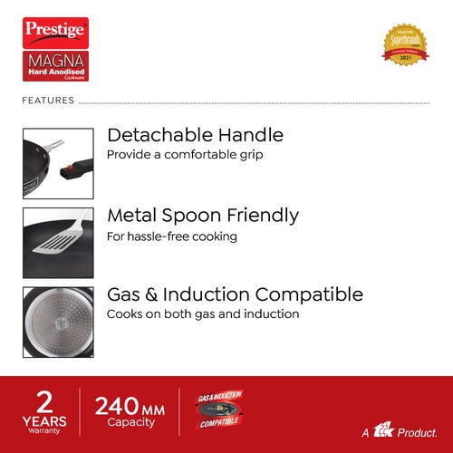 Prestige Magna Hard Anodised Cookware with Detachable Handle Fry Pan, (Black)