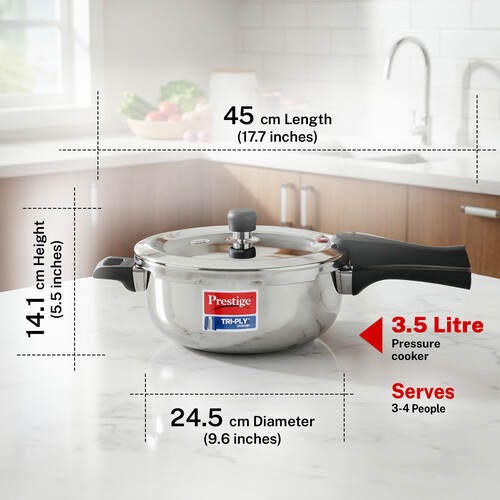 Prestige Svachh Triply Outer Lid Pressure Cooker with Unique Deep Lid for Spillage Control, 3.5 Litre, Silver