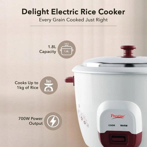 Prestige Delight PRWO 1.8 Red 700W| 1 Aluminium Cooking Pan Electric Rice Cooker with Steaming Feature (1.8 L, White, Red)