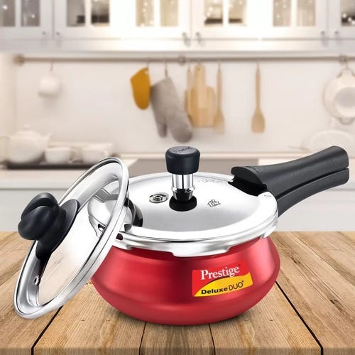 Prestige Deluxe Duo Plus Aluminium Gas and Induction Compatible Pressure Cooker with Glass Lid, 2 L (Red)