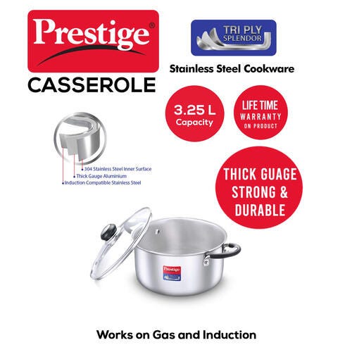 Prestige 20cm/3.25L Tri-Ply Stainless Steel Splendor Casserole with Glass Lid|Gas and Induction Compatible| Even Heat Distribution|Strong and Durable| Perma-Cool Handles| Lifetime Warranty