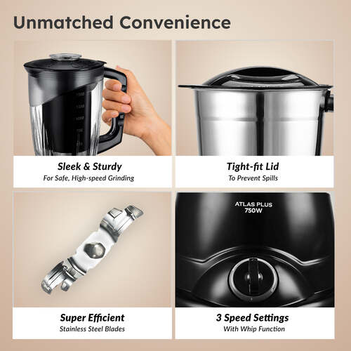 Prestige Atlas Plus Mixer Grinder, With Accessories - Stainless Steel Jars 3 Unit And Juicer Jar 1 Unit