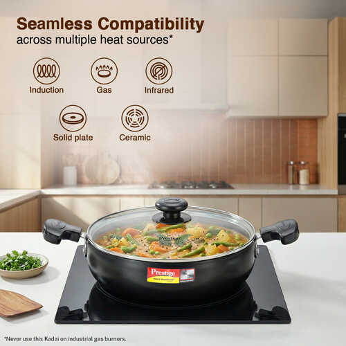 Prestige Hard Anodised Plus Gas and Induction Compatible Kadai with Glass Lid, 30 cm, Black