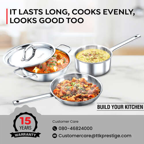 Prestige TRIPLY 4 Pc Cookware Set | TRIPLY Splendid | Fry Pan 24cm/1.7L | Kadai 24cm/2.7L | Sauce Pan 16cm/1.5L | SS Lid 24cm | Gas & Induction Compatible | Even Heat Distribution | 15Y Warranty | ISI