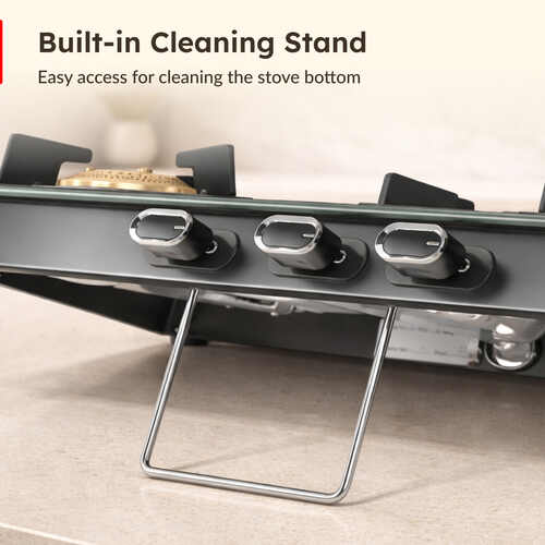Prestige Vectra 4 Burner Glasstop Gas Stove|Superior Toughened Glass|Jumbo Brass Burner|3-Way Gas Inlet|360 Degree Revolving Nozzle|10 Years Warranty on Glass|Black