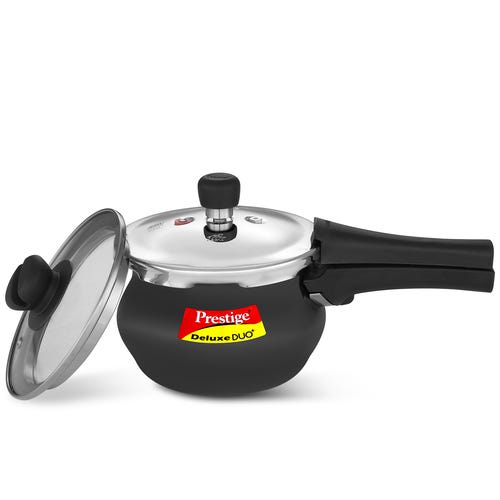 Prestige Deluxe Duo Plus Hard Anodised Gas and Induction Compatible Pressure Handi with Glass Lid, (Black)