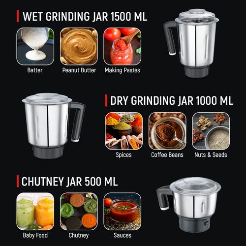 Prestige 1000 Watts Hercules with 4 Jars (3 Stainless Steel Jars + 1 Juicer Jar)| Juicing and Blending Jar with Sieve| Pure Copper Motor| Flow-Breaker Design |4 Super Efficient Blades| Red and Black
