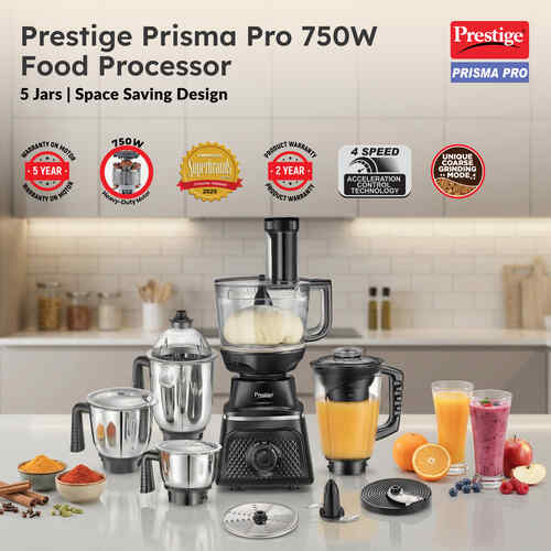 Prestige Prisma Pro 750W 5 Jars Mixer Grinder|Stainless Steel Jars 3U, Multi Utility Jar 1 U, & Juice Jar 1 U|6 Super-Efficient Blades|Black & Silver