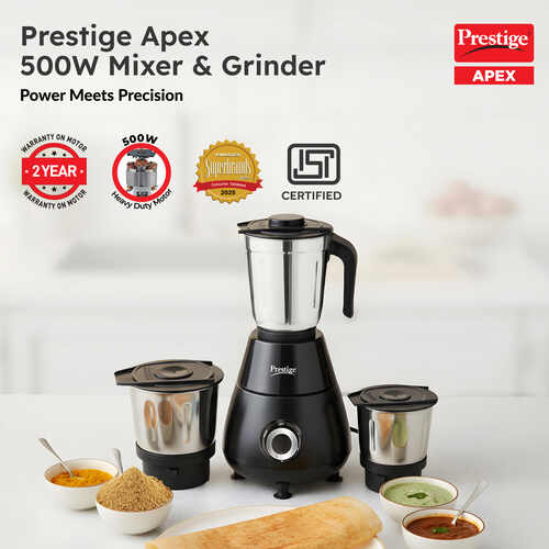 Prestige Apex 500 Watt Mixer Grinder with 3 Stainless Steel Jars | Super Efficient SS Blades | Black | 2Y Warranty | ISI Certified