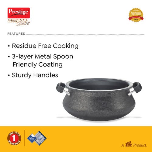 Prestige Omega Select Plus Teflon Non-stick Coated Handi with Stainless Steel Lid and Scrubber for Non-Stick Cookware, (Black)