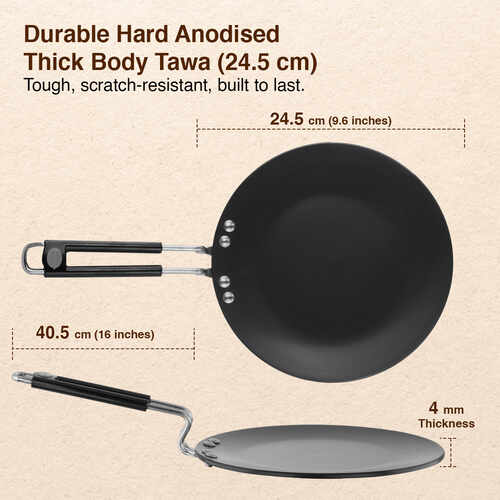 Prestige Hard Anodised Chapati Tawa 24.5 cm | Extra Thick Base (4.88 mm) | Gas & Induction Compatible | Metal Spoon Friendly | Stay Cool Handle | Wide Base | 2Y Warranty | ISI