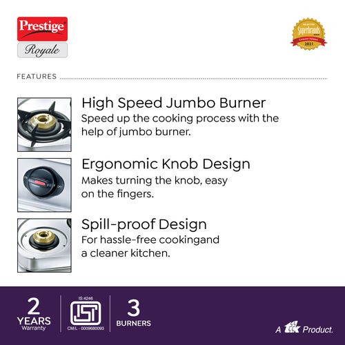 Prestige Royale Stainless Steel Gas Stove (3 Burners) - GS 03 LE