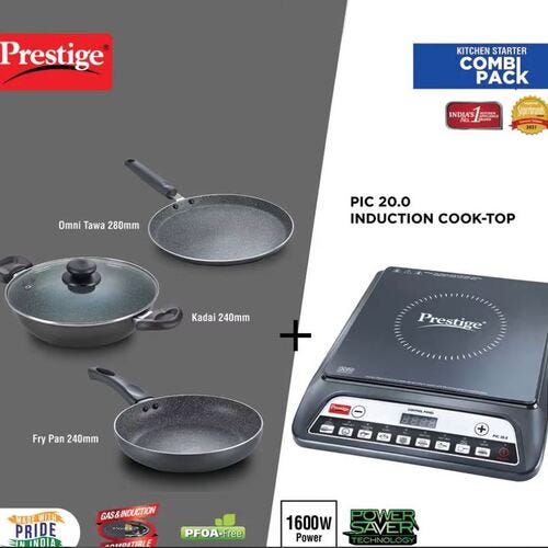 Prestige Aluminium Kitchen Starter Combi Pack (Induction Cooktop PIC 20.0 & Induction Bottom 3 Pc Cookware Set)