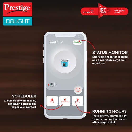 Prestige Delight Smart 1.8-2 Rice Cooker | 1.8L Capacity | Internet Enabled | Cool Touch Handles with 2 Aluminium Cooking Pans | 1-Year Warranty | Blue