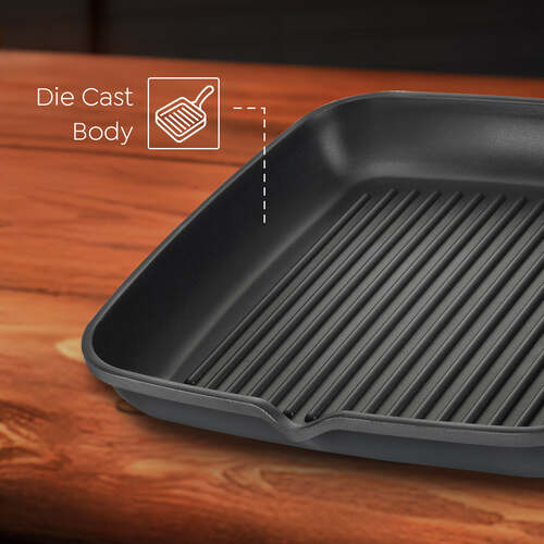 Prestige Omega Die Cast + Aluminium Non-Stick Square Grill Pan 28cm 3-Layer Easy Release Coating|Extra Thick 5.5 mm Base|Induction Base|Die-Cast Body|Black