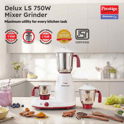 Prestige 750 Watts Deluxe LS Mixer Grinder with 3 Stainless Steel Jars| Unique Fail Safe Coupler| Flow Breaker Design| Cord Winder Storage| Red and White
