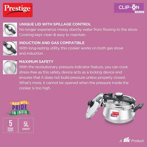 Prestige Clip-on Svachh Stainless Steel Spillage Control Handi Pressure Cooker, 5 L (Silver)