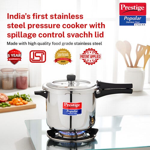 Prestige Popular Svachh Spillage Control Stainless Steel Pressure Cooker, 5 L (Silver)