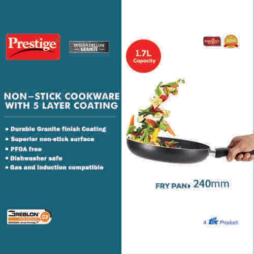 Prestige Omega Deluxe Granite Non-stick Round Base Fry Pan with Glass Lid (Black)