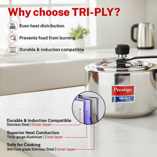 Prestige 2 L Tri-Ply Svachh Inner Lid Pressure Cooker| Gas and Induction Compatible| Spillage Control| Even Heat Distribution| Low Cooking Oil| Faster Cooking| 5 Years Warranty| Silver