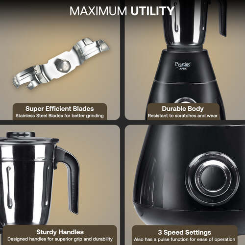 Prestige Apex Blendo 500 Watt Mixer Grinder with 4 Jars (2 Stainless Steel Jars + 2 Nutri Blend) | Super Efficient SS Blades | Black | 2Y Warranty | ISI Certified