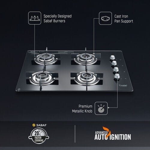 Prestige Marvella 4 Burner Hob | Auto Ignition | Toughened Glass Top | SABAF Burners | Sturdy Pan Support | Ultra Slim Body | Ergonomic Knob | Black | 5Y Glass Warranty