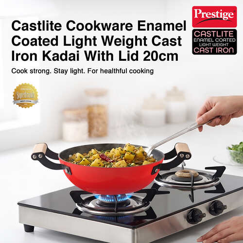 Prestige Castlite Enamel Coated Cast Iron Kadai 20cm/ 1.4L | Lightweight, High Heat Retention | Gas & Induction Compatible | Low-Oil Cooking | Stay-Cool Wooden Handles | Easy Clean | 15Y Warranty