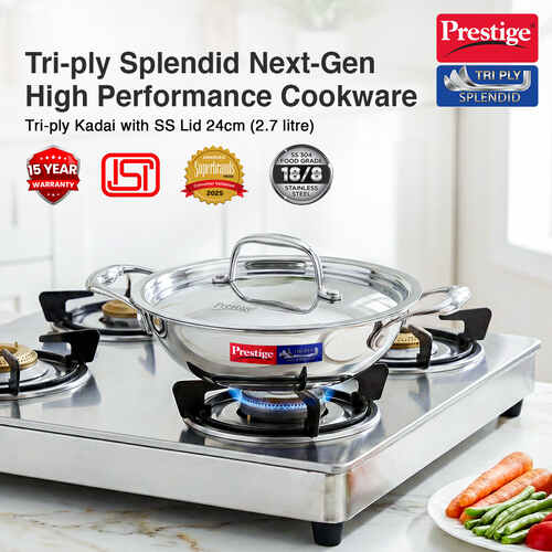 Prestige 24cm/2.7L Tri-Ply Stainless Steel Splendid Kadai with Lid|Gas and Induction Compatible|Even Heat Distribution| Thick Gauge Tri-Ply Body| Perma Cool Handles|15 Year Warranty