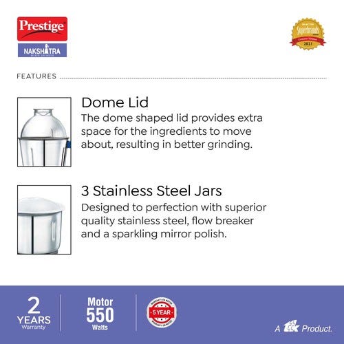 Prestige 550 Watts Nakshatra Mixer Grinder with 3 Stainless Steel Jars|3 Dome Lid| 3 Super Efficient Blades|Sturdy Handles