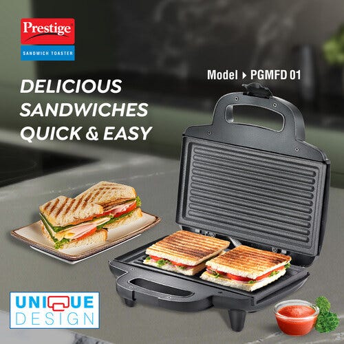 Prestige PGMFD 800 Watt Grill Sandwich Toaster | Non-Stick Grill Plates | Heat Resistant Bakelite Body | Auto Cut Off | Power & Ready Indicators | Easy to Clean | Black | 1Y Warranty | ISI Certified