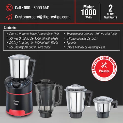 Prestige 1000 Watts Hercules with 4 Jars (3 Stainless Steel Jars + 1 Juicer Jar)| Juicing and Blending Jar with Sieve| Pure Copper Motor| Flow-Breaker Design |4 Super Efficient Blades| Red and Black