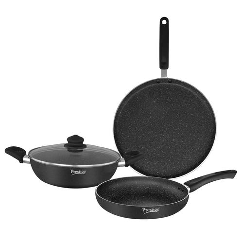Prestige Omega Deluxe Granite 3 Piece non-stick BYK cookware set (Aluminum)|Contains Fry Pan (24cm), Omni Tawa(28cm), Kadai with lid(24cm)|Black