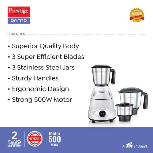 Prestige 500 Watts Primo Mixer Grinder with 3 Stainless Steel Jars| Ergonomic Design| Sturdy Handles| Black & White
