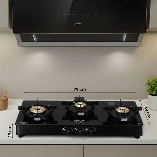 Prestige Svachh Neo 3 Burner Gas Stove | Easy Clean Design-3 Liftable Burners | Toughened Glass Top | Tri-Pin Brass Burners | 1 Jumbo Burner | Ergonomic Knob | Black | 5Y Glass Warranty |ISI Certified