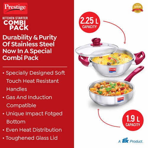 Prestige Deluxe Alpha 3.5 L Pressure Cooker + Platina Popular 22 cm (2.25 L) Kadai with Glass Lid and Platina Popular 22 cm (1.9 L) Fry Pan Kitchen Set
