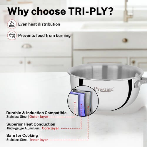 Prestige 13cm/550ml Tri-Ply Stainless Steel Splendor Tadka Pan|Gas & Induction Compatible| Rimmed Edge| In-Built Stand| Heat Resistance Handle| Thick Gauge| Life Time Warranty
