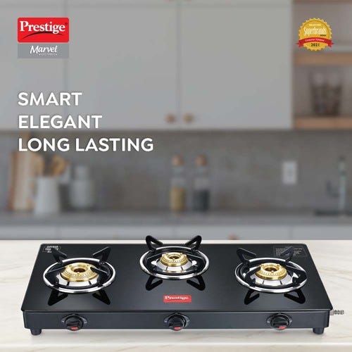 Prestige Marvel Glass Top Gas Stove (2 Burners) with Auto Ignition | Trip-pin Burners | Additional Drip Tray 3 Burners