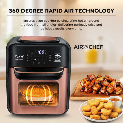 Prestige AirChef 12L Air Fryer Oven | 1800 Watts | 360° Rapid Air Technology | Multi-level Cooking | Rotisserie | 10 Preset Menu | 80% less Oil Consumption | Rose Gold | 1Y Warranty | ISI Certified